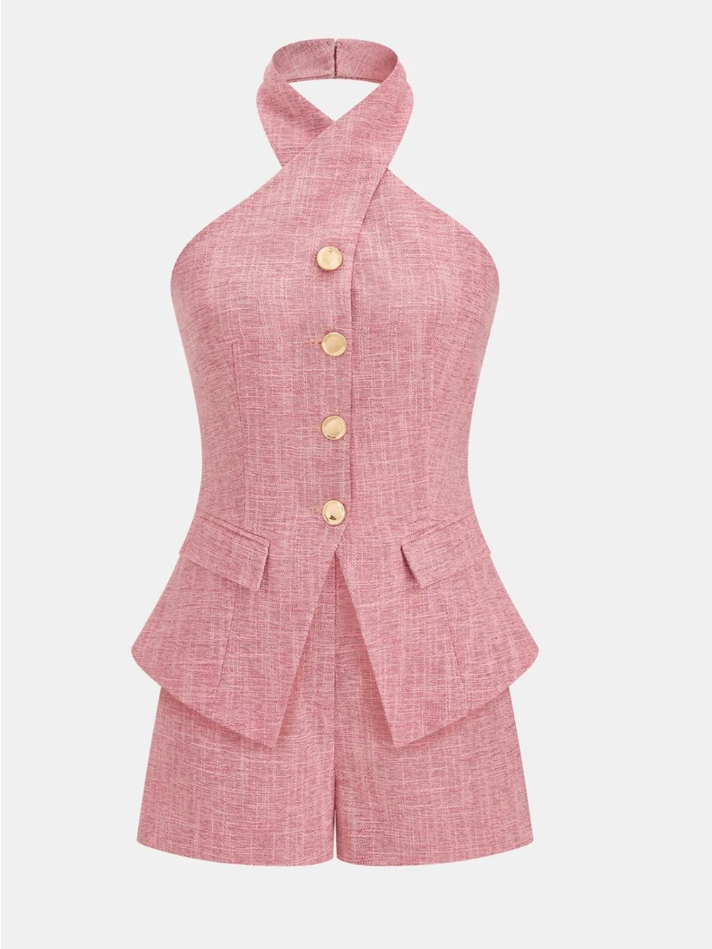 Commense Pink Halter Peplum Romper with Gold Buttons Medium